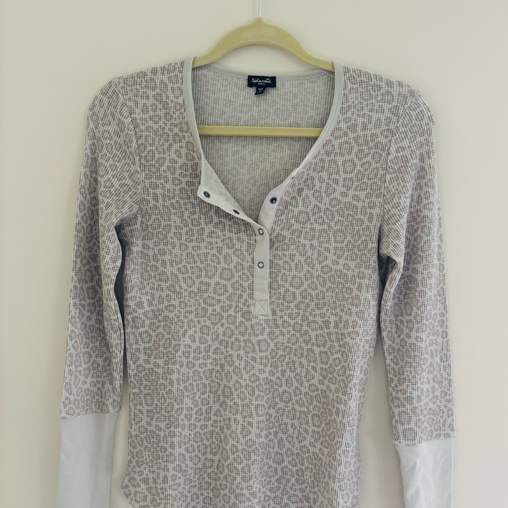 Splendid Beige Leopard Henley Long Sleeve Top